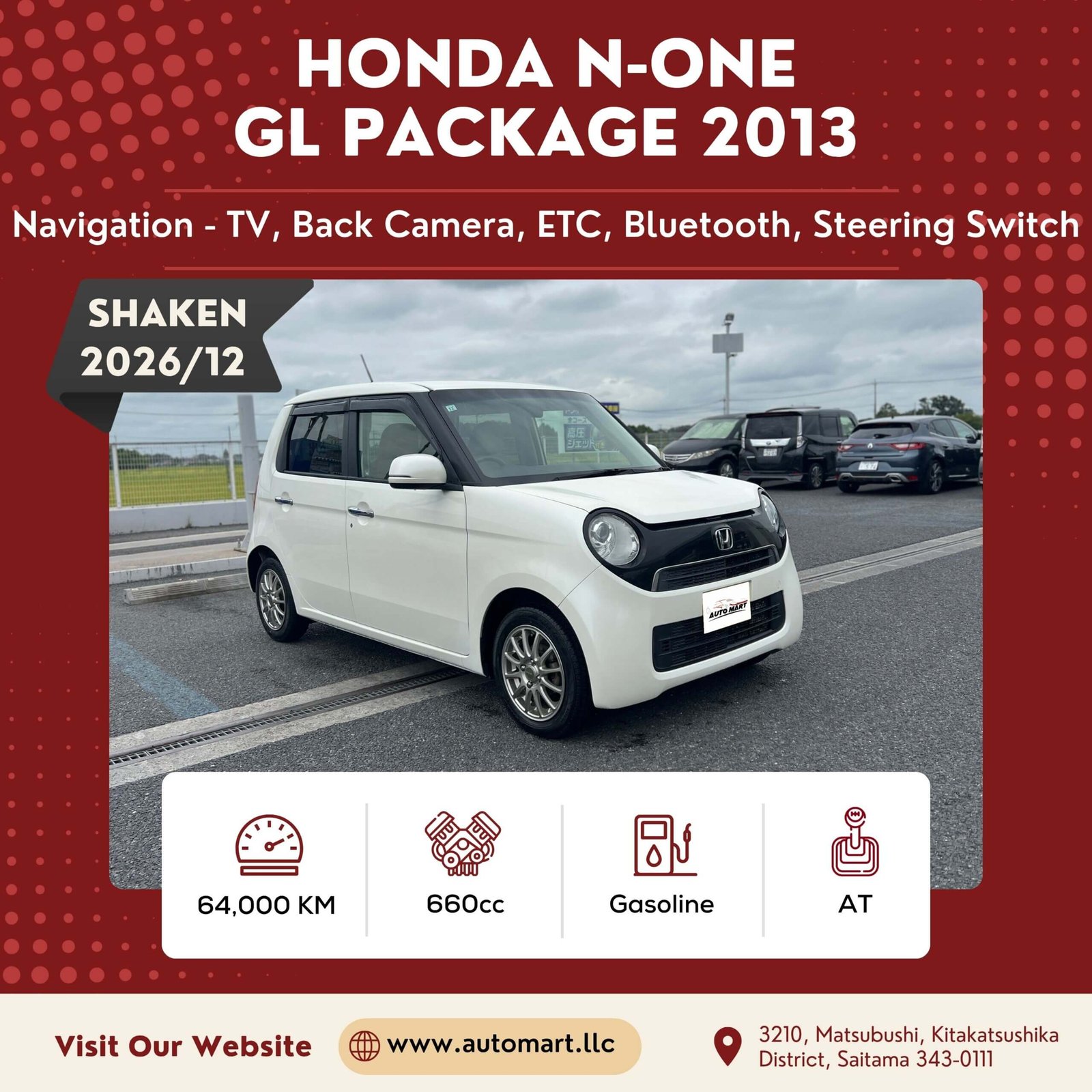 Honda N-ONE 2013 - Used Cars For Sale - Kei Car For Sale - Saitama Used Cars - Automartllc (1)