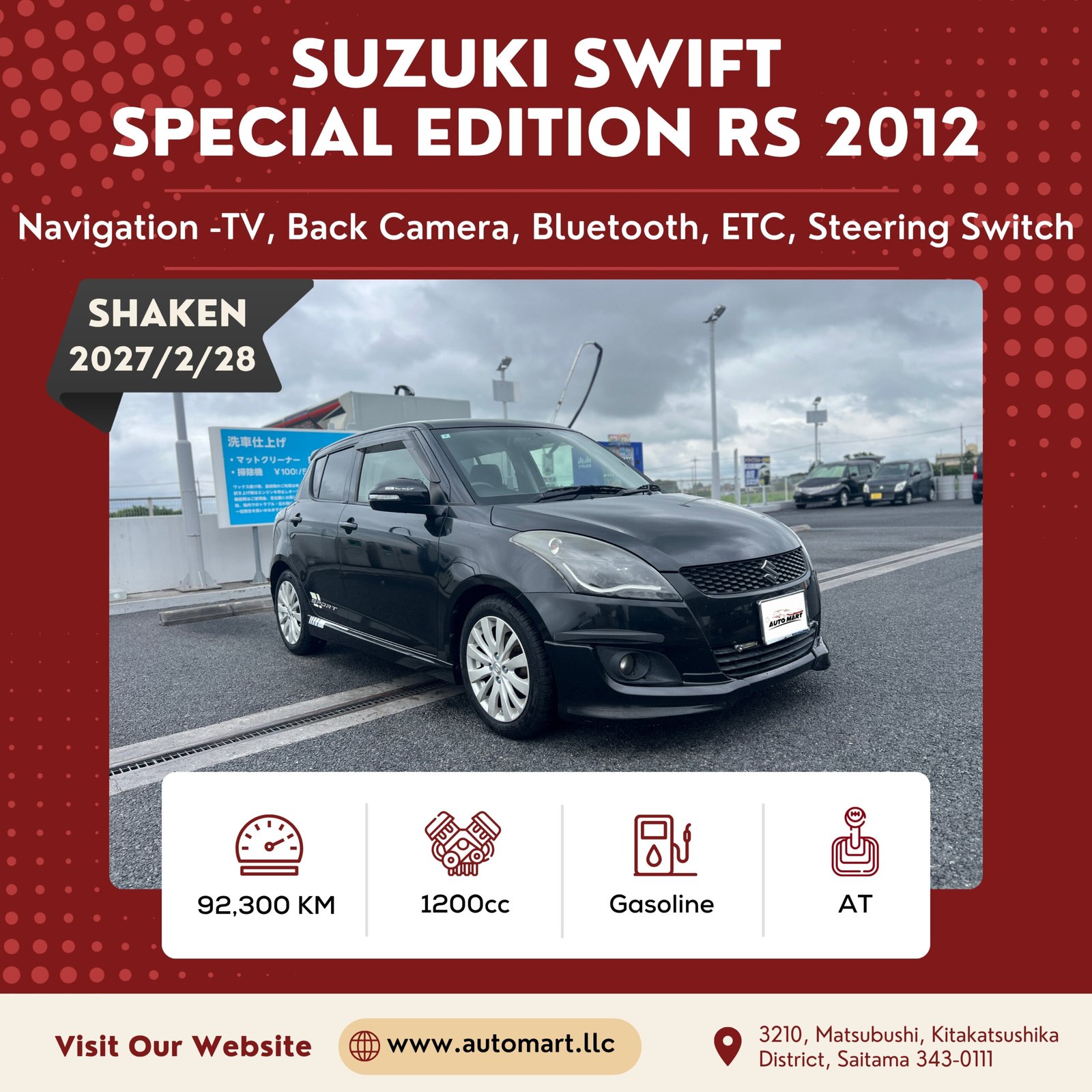 Suzuki Swift RS 2012 - Used Cars For Sale In Japan - Saitama Car Dealership -Cars In Japan - Cars In Saitama - Cars In Tokyo - Automartllc (1)